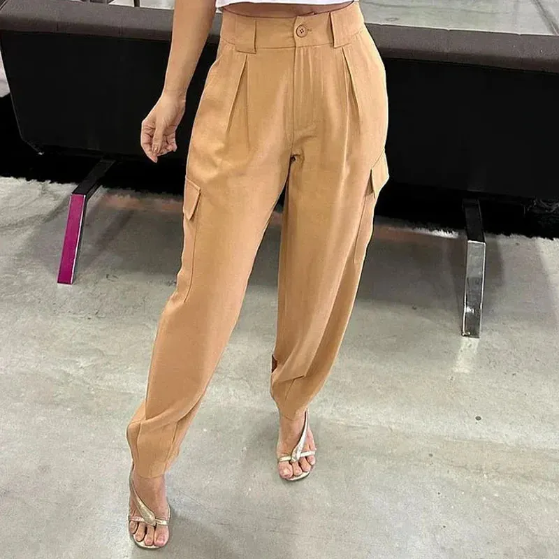 Znbbw Women Two Piece Set Summer Fashion Round Neck Sleeveless Top Casual Nipped Waist With Pocket Cargo Pants Sets Streetwear - Image 3