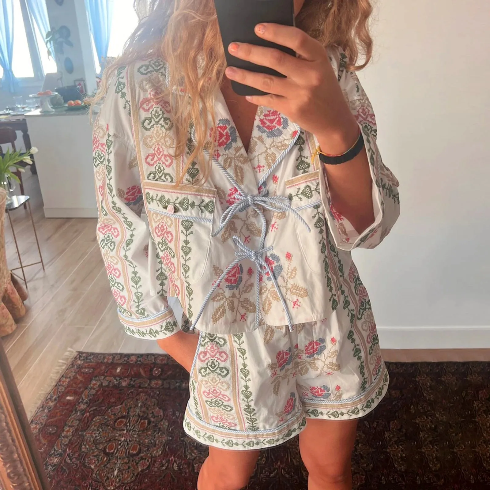 Znbbw Women y2k Aesthetic Tie Front 2 Piece Clothes Sets Floral Print Long Sleeve Elegant Shirts Tops Loose Shorts Loungewear Outfits - Image 3