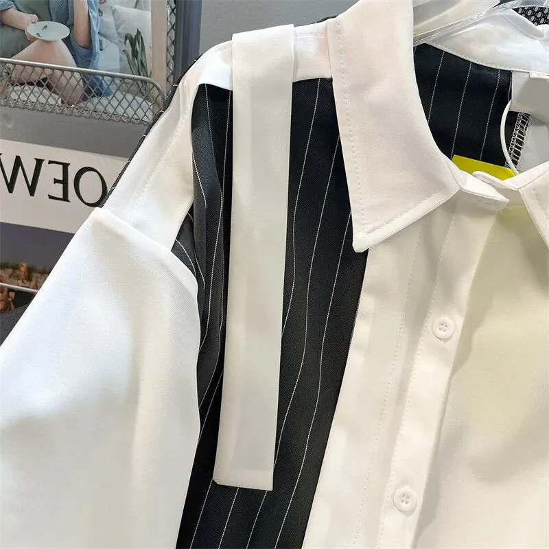 Znbbw Women Turn-down Collar Shirt Button Patchwork Asymmetrical Short Sleeve Blouse Fashion Streetwear Shirts Summer Thin Top - Image 5