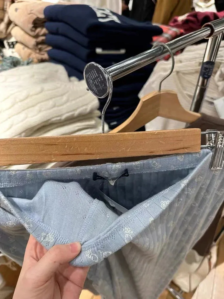 Znbbw Bear Print Eyelet Casual Long Pants Women Clothes Cotton Elastic Waist Home Trousers Vintage Cute Autumn Straight Pants - Image 3