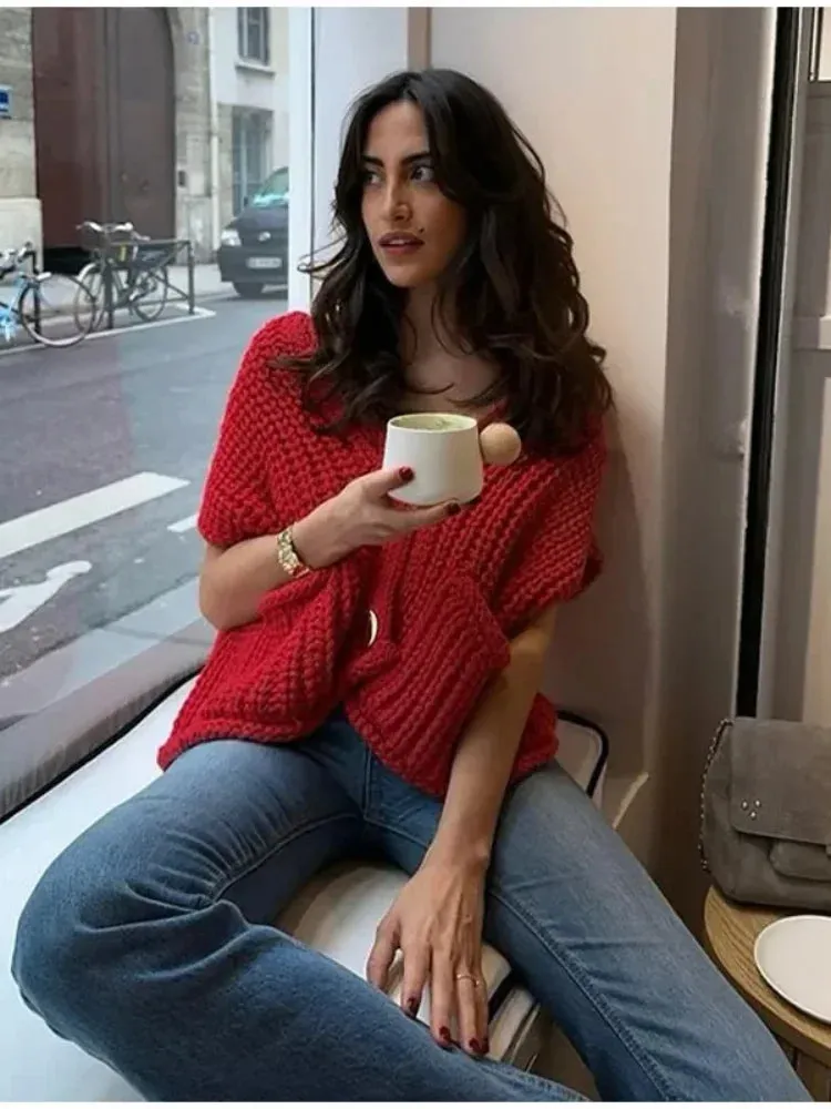 Znbbw Women Knit Cardigan Vest Casual Red Sleeveless O-neck Metal Button Sweater Tank Top Lady High Street Knitted Waistcoat - Image 6