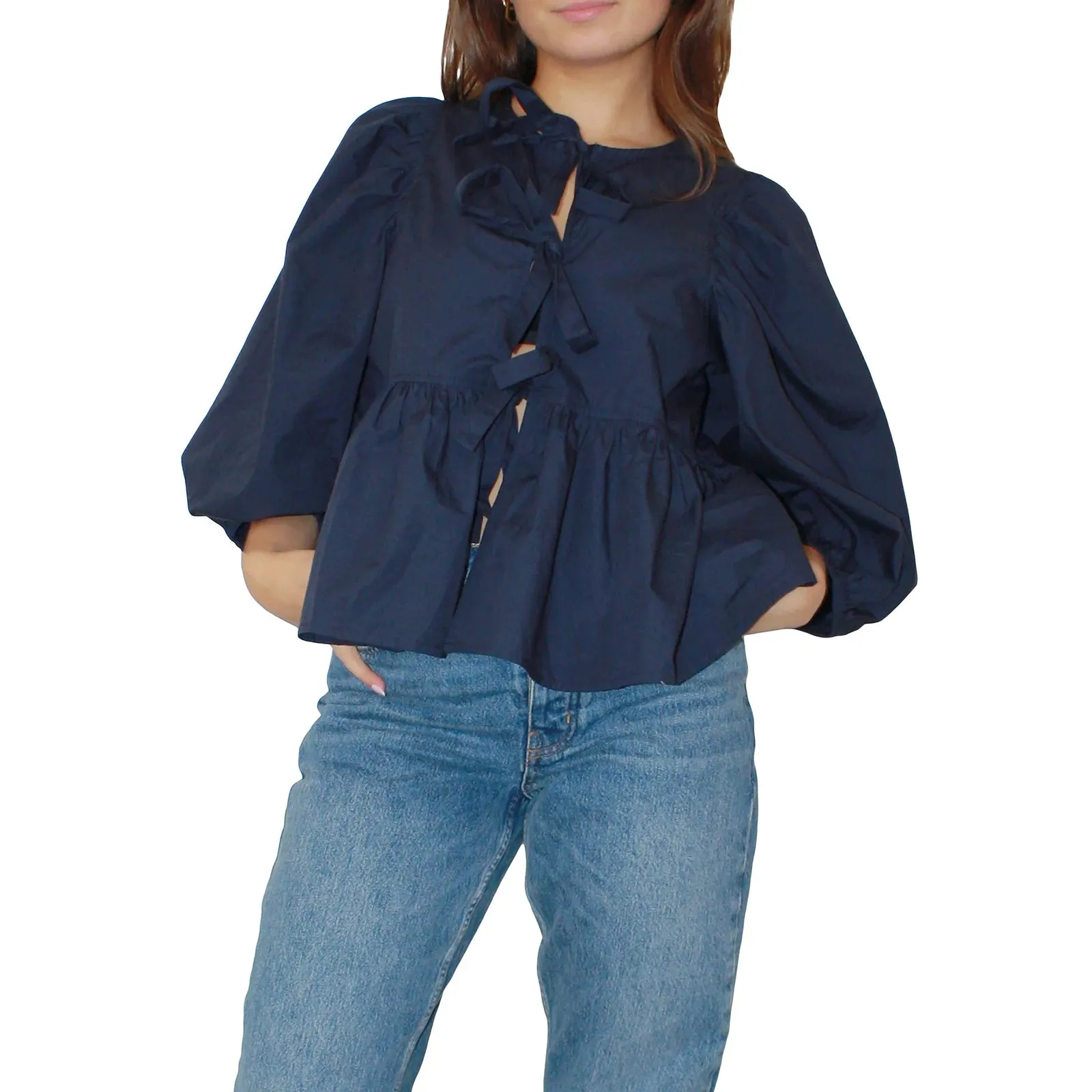 Znbbw Women y2k Puff Short Sleeve Shirts Tie Front Ruffle Hem Loose Office Blouse Tops Teen Girls Lace up Cute Summer Kawaii Tops - Image 11