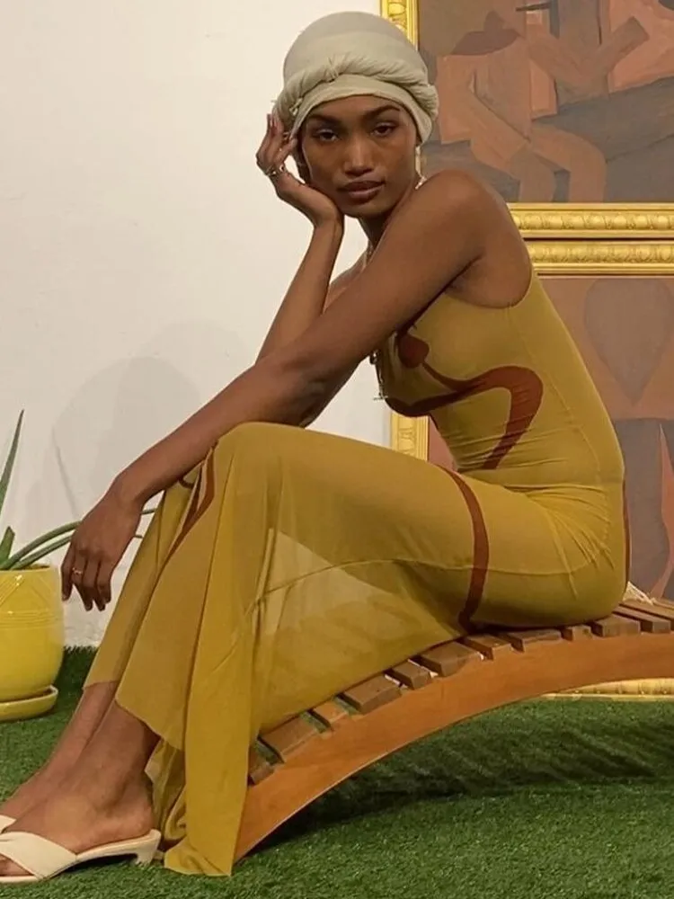 Znbbw Women Mesh See Through Bodycon Printed Sleeveless Long Dress 2023 Summer Clothes Wholesale Items For Business Streetwear 0410 - Image 3