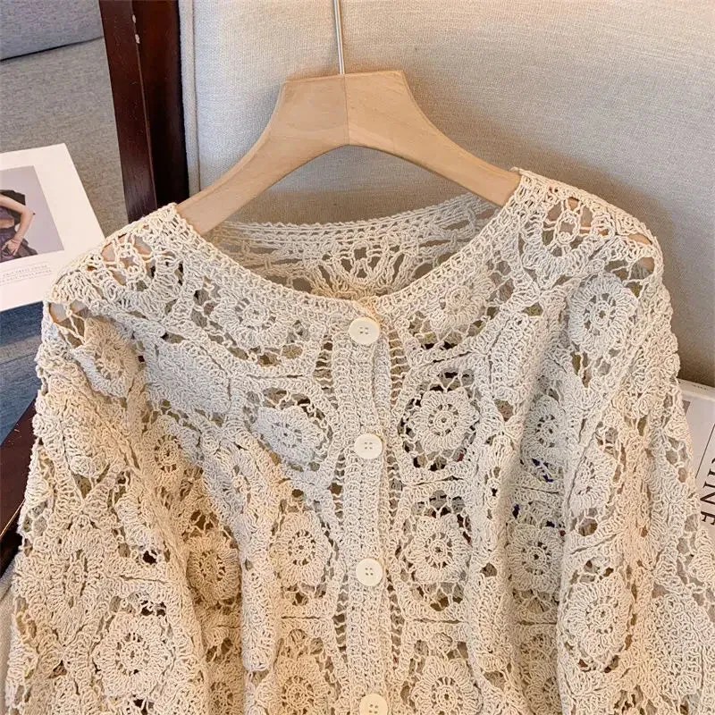 Znbbw and Autumn New Hollow Lace Knitted Cardigan Coat Women's French Holiday Style Hook Flower Sunscreen Summer Shawl - Image 2
