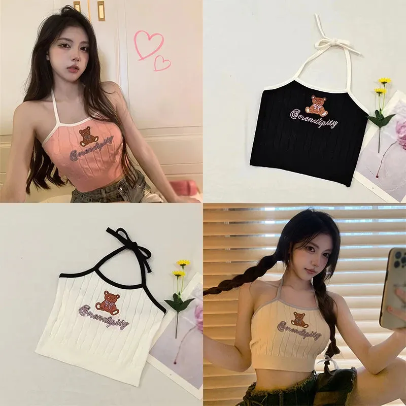Znbbw Women's Camisole Letter Bear Embroidery Knitted Tank Top Korean Version Camisole - Image 4