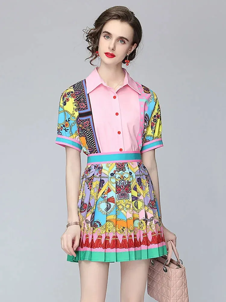 Znbbw Autumn Fashion Temperament New Exotic Print Lapel Puff Sleeve Shirt Female High Waist Slim Skirt Suit C597 - Image 2