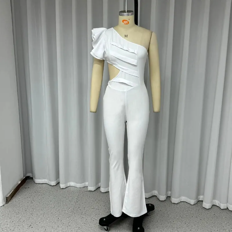Znbbw Women Jumpsuit Summer Fashion One Shoulder Flying Sleeve Hollow Out Solid Color Overall Wide Legs Jumpsuit Streetwear - Image 3
