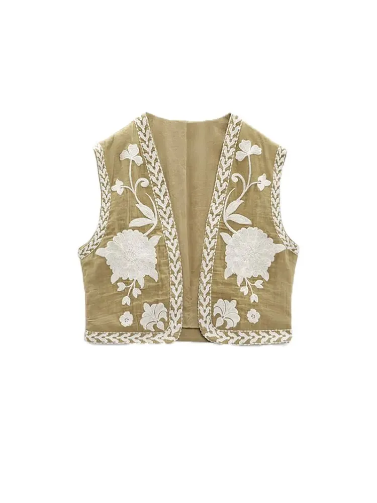 Znbbw TRAF Embroidered Open Waistcoats Women Cotton Basicos Femme Vests Women Sexy Cropped Tops Women Sleeveless Coats - Image 7