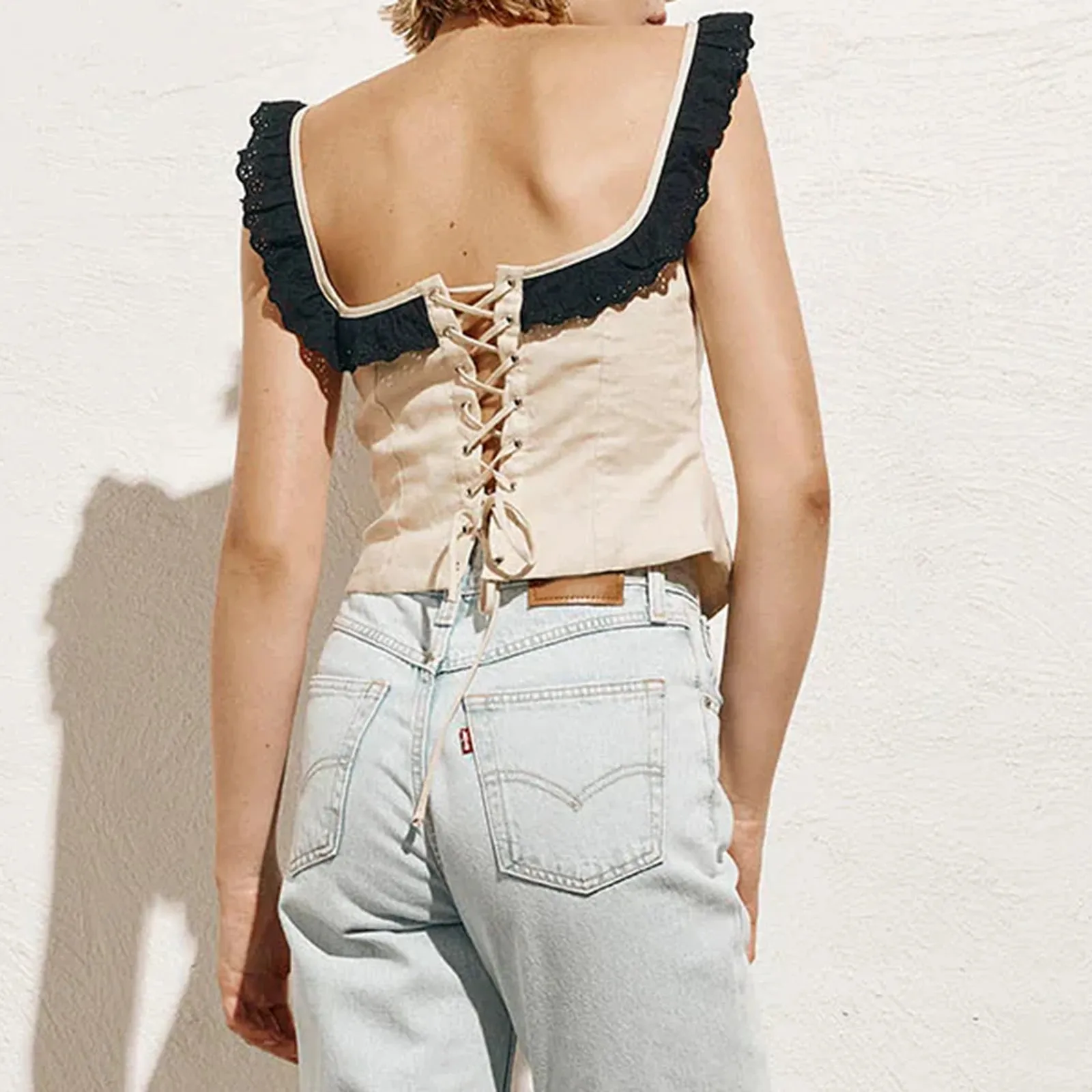 Znbbw Women Sexy Open Back Tight Vest Sleeveless Ruffle Strap Boat Neck Tie Up Backless Bandage Crop Tank Top Going Out Tops - Image 6