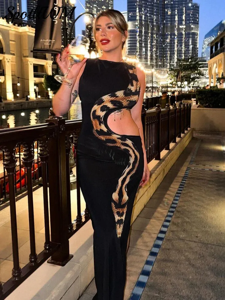 Znbbw Snake Printed Waist Hollow Out Long Dress Women Sexy O Neck Sleeveless High Split Slim Robes 2024 Lady Party Night Gowns