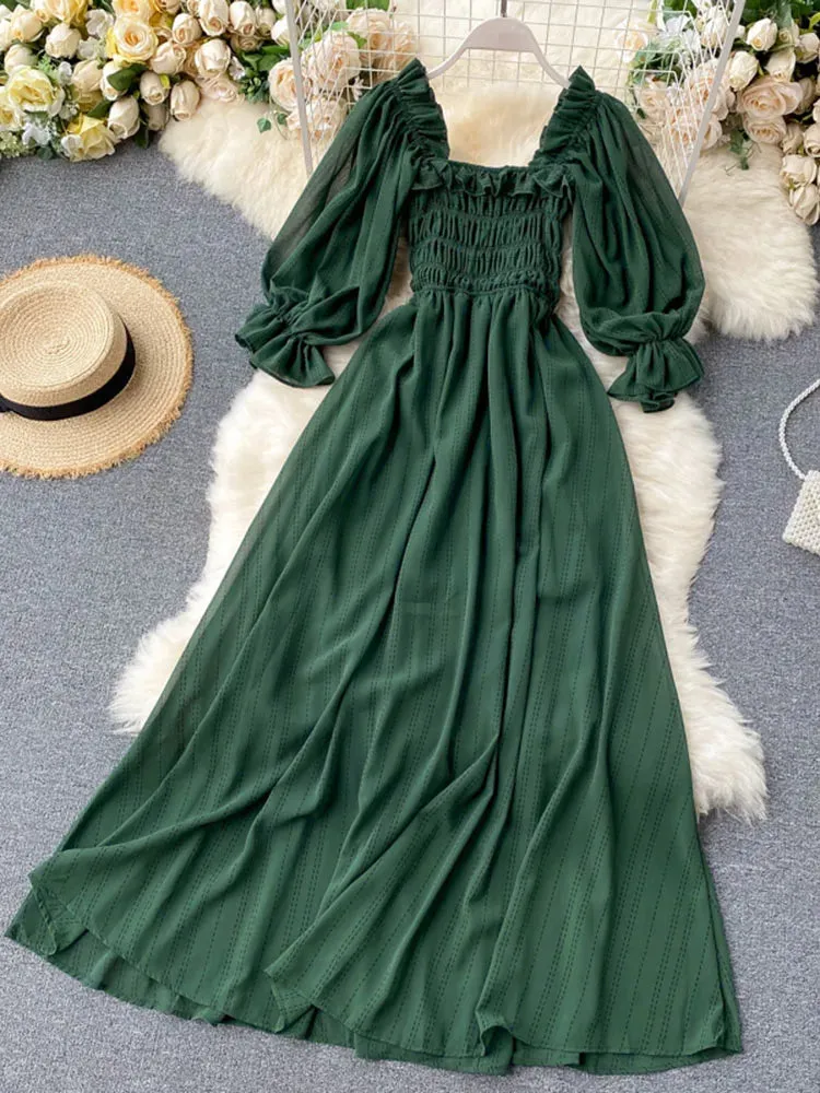 Znbbw Women's Dress New Square Collar Wooden Ear Bubble Sleeve Dress Korean Style Waist Slim Chiffon Female Dresses LL087 - Image 11