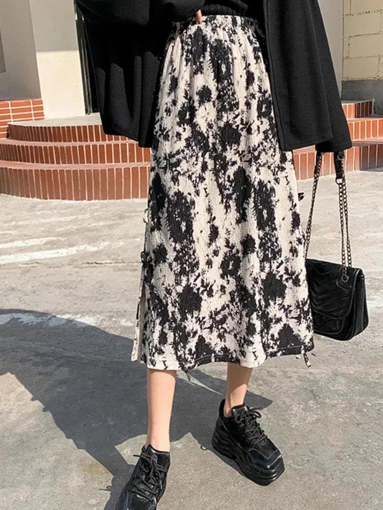 Znbbw Women's Fashion Vintage Skirts High Waist Tie Dye Tassel Pleated Forked Casual Loose Skirt Chinese Style All Match Clothing Y2k - Image 5