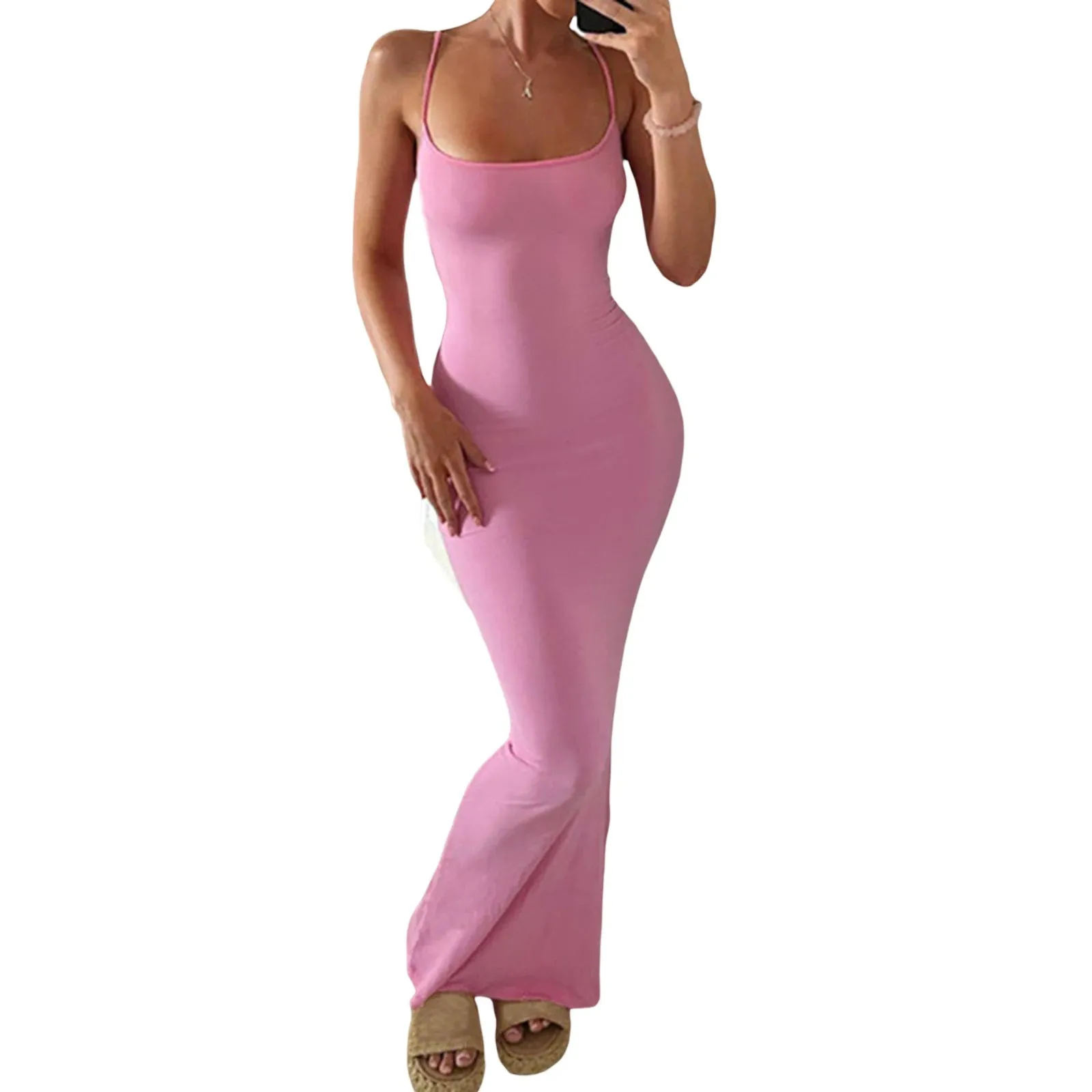 Znbbw Women y2k Solid Long Bodycon Dress Solid Color Spaghetti Strap Sleeveless Cami Dress Summer Backless Party Maxi Dress - Image 9