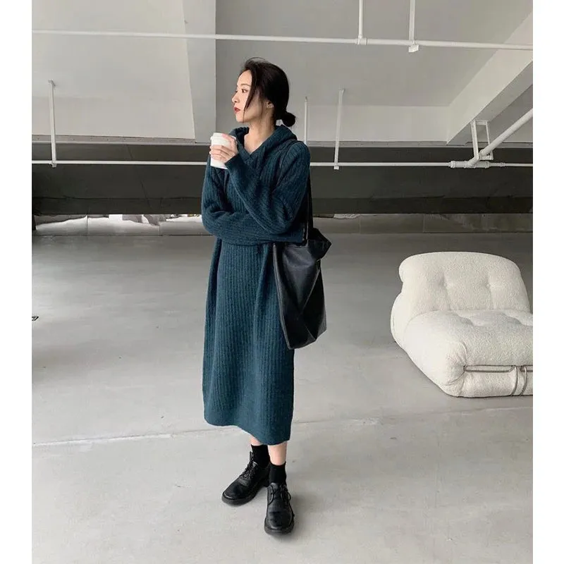 Znbbw Hooded Knitted Dress Women Solid Oversized Midi Dresses Winter Korean Elegant Thicken Loose Casual All Match Vestidos - Image 3