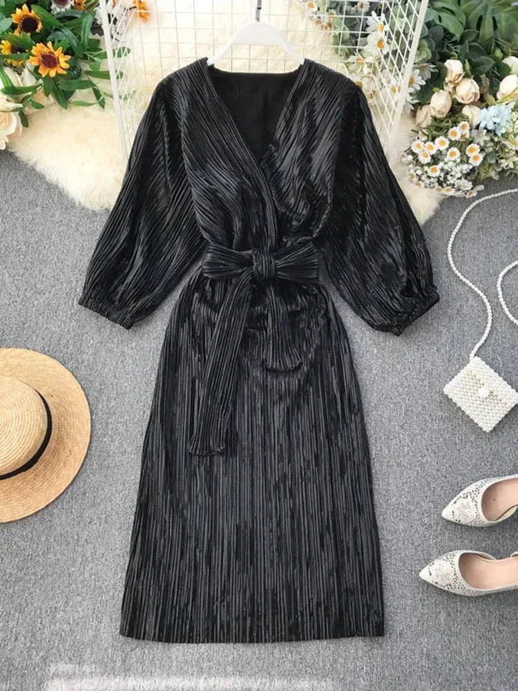 Znbbw Autumn Women's Party Dress Ins Temperament Vintage Waist Pleated Female Long Sleeve Sexy Dress GD226 - Image 6