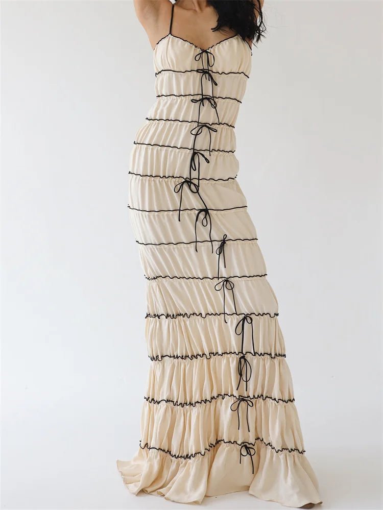 Znbbw Bandage Bow Ruched Spaghetti Strap Long Dress y2k Grunge Sling Sleeveless Low Cut Contrast Color Cake Dress 2023 Summer - Image 2