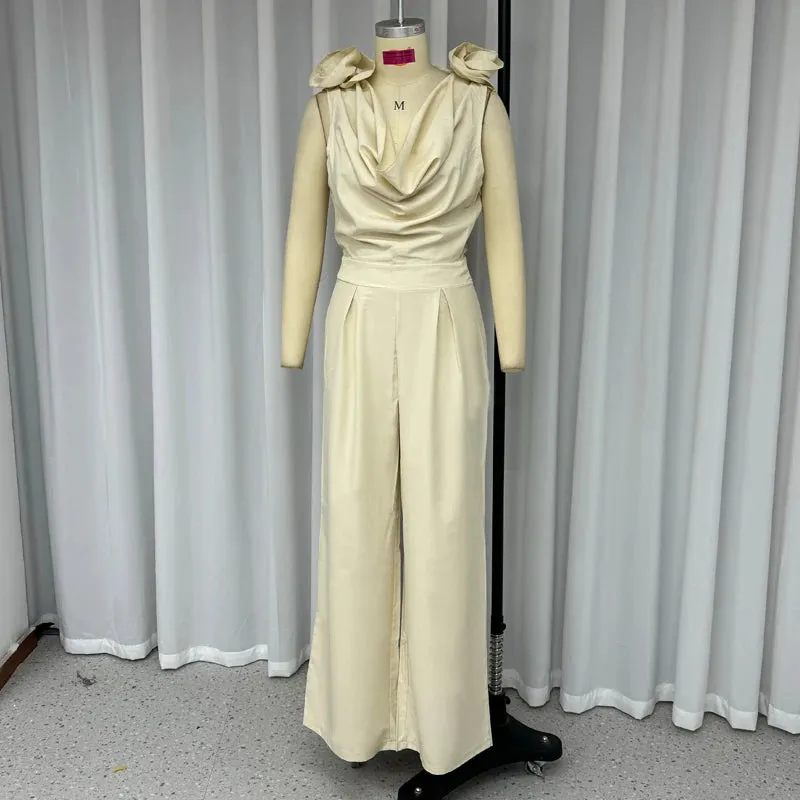 Znbbw Women Jumpsuits Summer Fashion Temperament Cowl Neck Sleeveless Solid Rose Nipped Waist Wide Leg Pants Rompers High Stree - Image 4