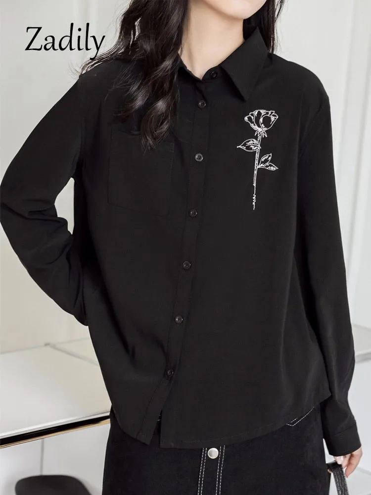 znbbw 2023 Summer Office Lady Long Sleeve Women Black Shirt Korea Style Floral Print Button Ladies Blouse Work Clothing Tops - Image 5