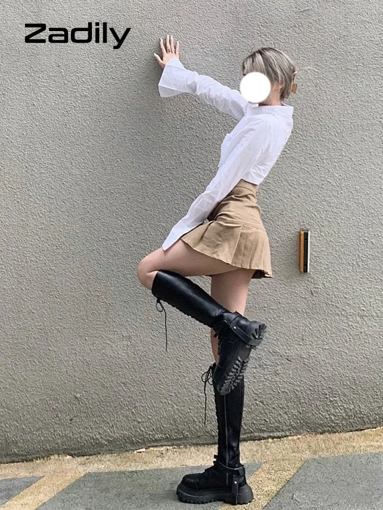 znbbw 2023 Summer Y2K Asymmetrical Long Sleeve White Shirt Women Sexy Button Slim Crop Tops Blouse Streetwear Female Clothing - Image 5