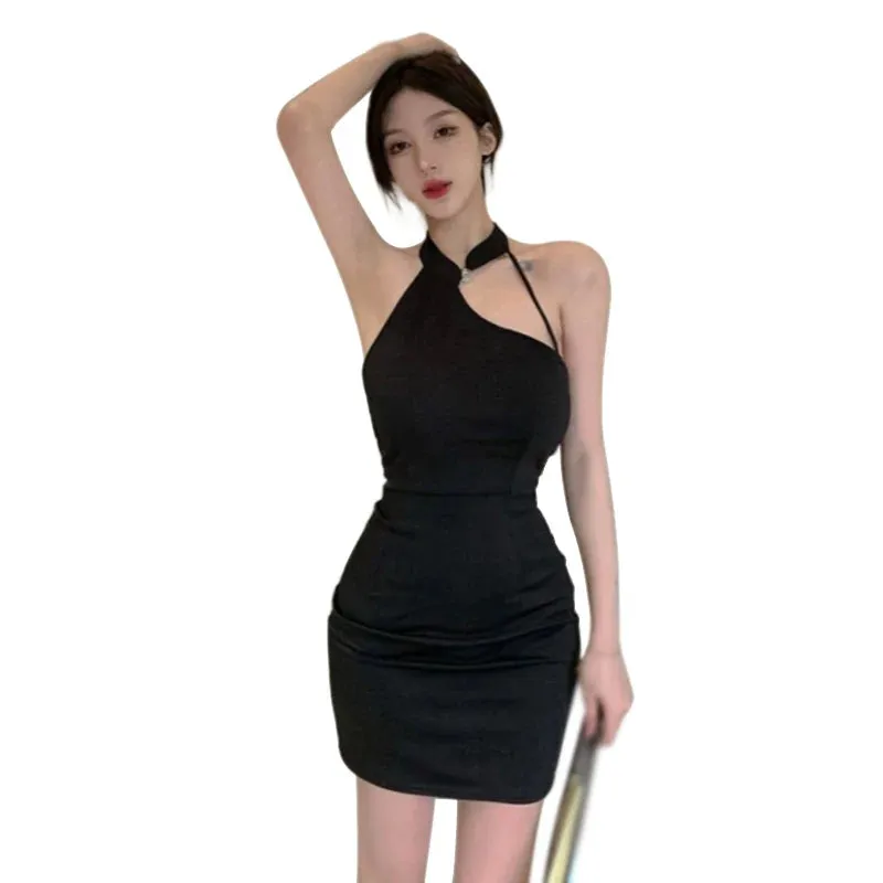 Znbbw Women's Dress Korean Version Dress Irregular Collar Solid Color Hanging Neck Sexy Dress - Image 3