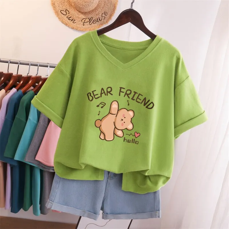 Znbbw 100% Cotton L-5XL Plus Size T Shirt Bunny Print V Neck Tshirt Short Sleeve Women Top Basic Summer Couple Solid T Shirts - Image 7