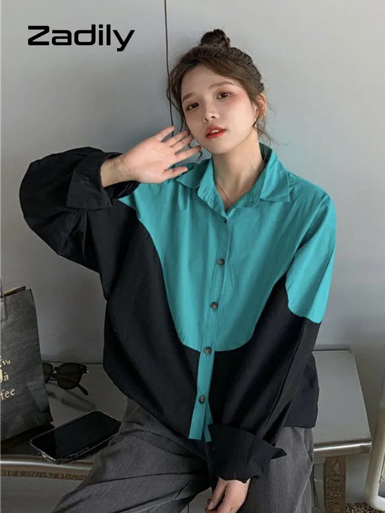 znbbw 2023 Summer Streetwear Oversize Patwork Long Sleeve Shirt Women Y2K Button Up Loose Ladies Shirts Tops Drop Shipping - Image 7