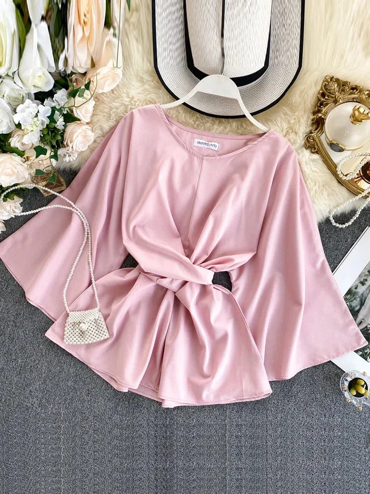 Znbbw Women's Shirt Spring Summer Tide Ins Super Fire Lacing Waist Lady Temperament Flare Sleeve Solid O-Neck Blouse Wild Top ML649 - Image 9