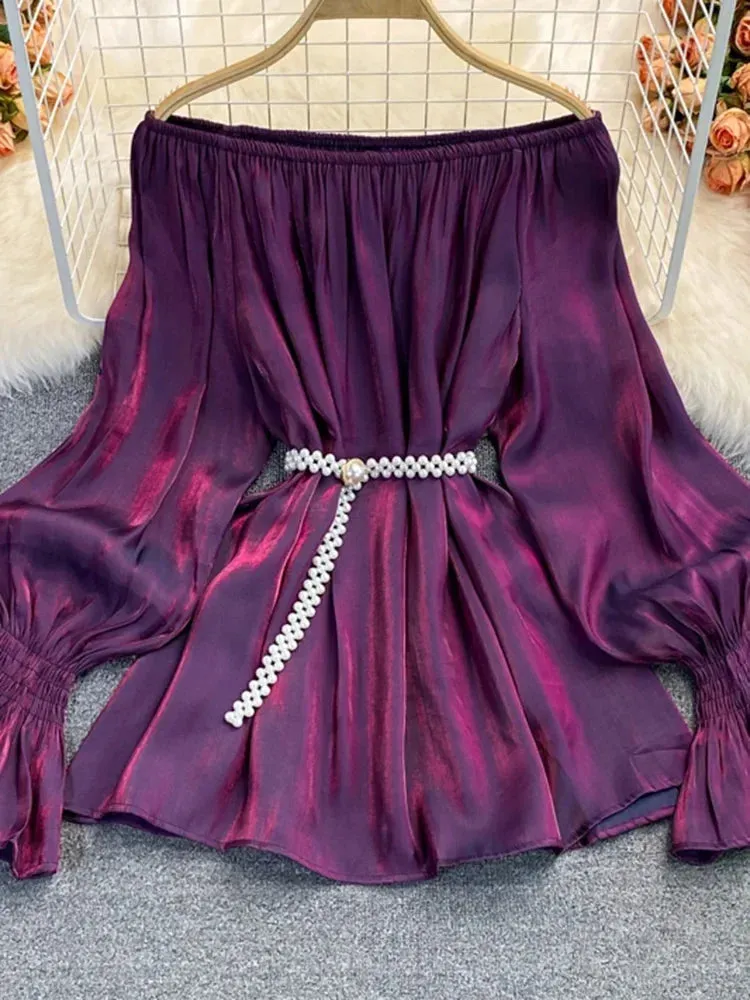 Znbbw Autumn Women's Mid-length Chiffon Blouse with Waistline Neckline Flared Sleeve Shirt Women GD610 - Image 3