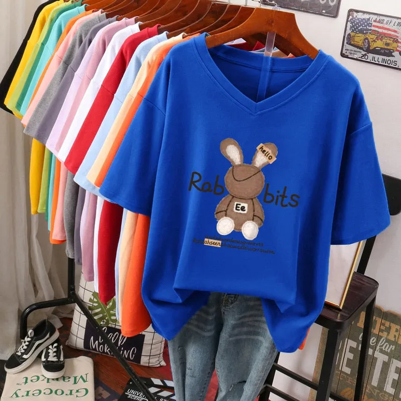 Znbbw 100 Cotton L-5XL Plus Size T Shirt Cartoon Print Tshirt Short Sleeve Women's Top Summer Kawaii Couple V Neck T Shirts - Image 10