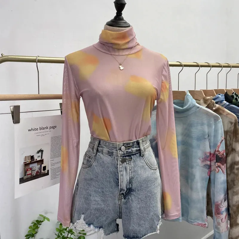 Znbbw Autumn Single-Layer Mesh Base T Shirt Girls Printed Full Sleeve Turtleneck Tees Slim Women See Through Tshirts - Image 9