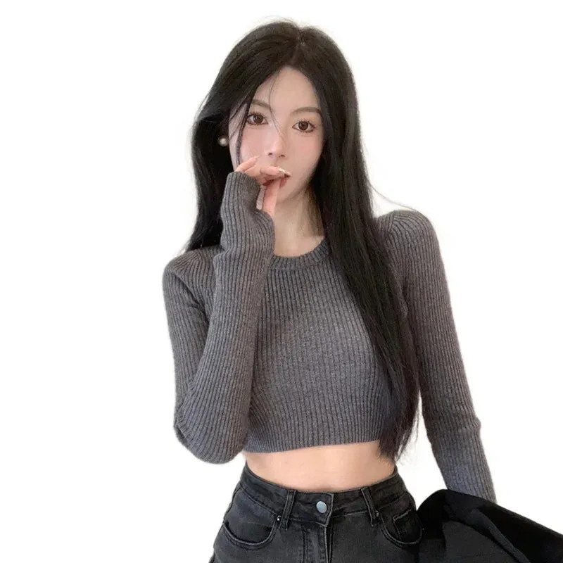 Znbbw Women's Sweater Base Sweater Versatile Round Neck Knit Sweater Slim Fitting Short Top Sweater - Image 10