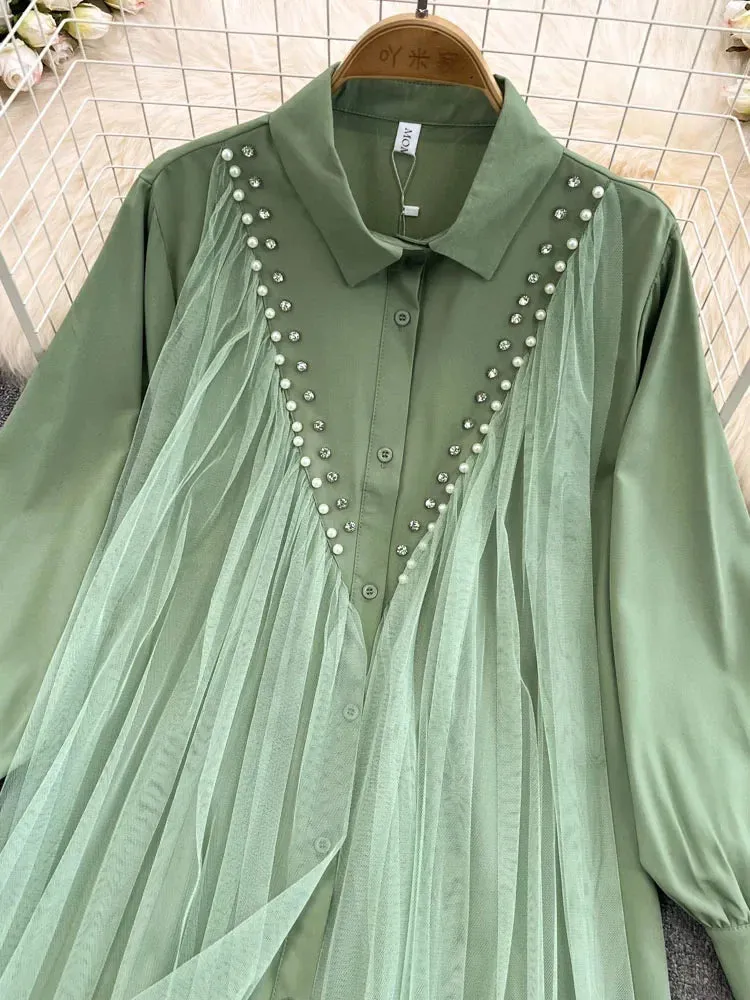 Znbbw Autumn High-end Mesh Gauze Studded Beads POLO Collar Dress Female Cold Wind White Temperament Shirt Top Women Blouse D1489 - Image 2