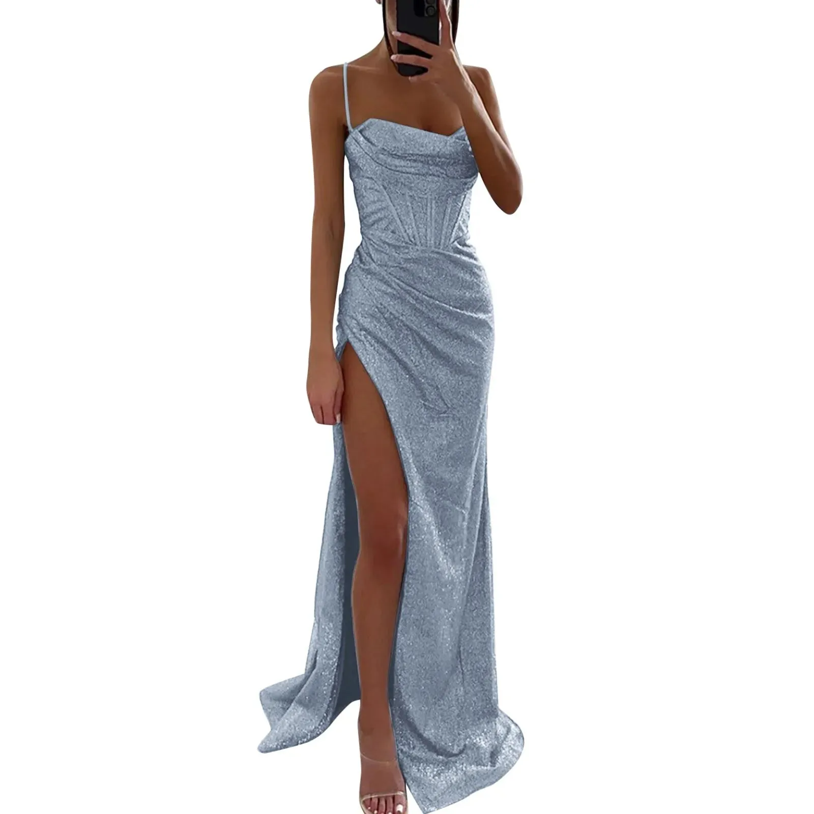Znbbw Gentle Light Blue Long Evening Prom Dress Women Sexy Sequins High Slits Spaghetti Straps Dress Female Graduation Gowns - Image 5