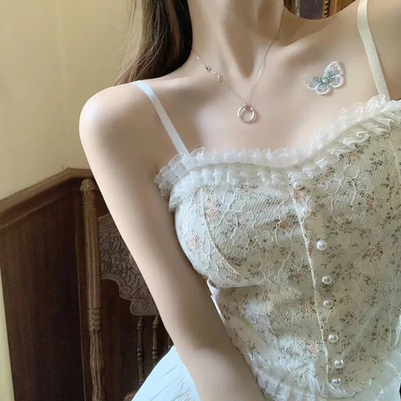 Znbbw Women Lace  Casual T Shirt Spaghetti Strap Sexy Base Shirt Slim Fit Lightweight Pullover Crop Top - Image 2