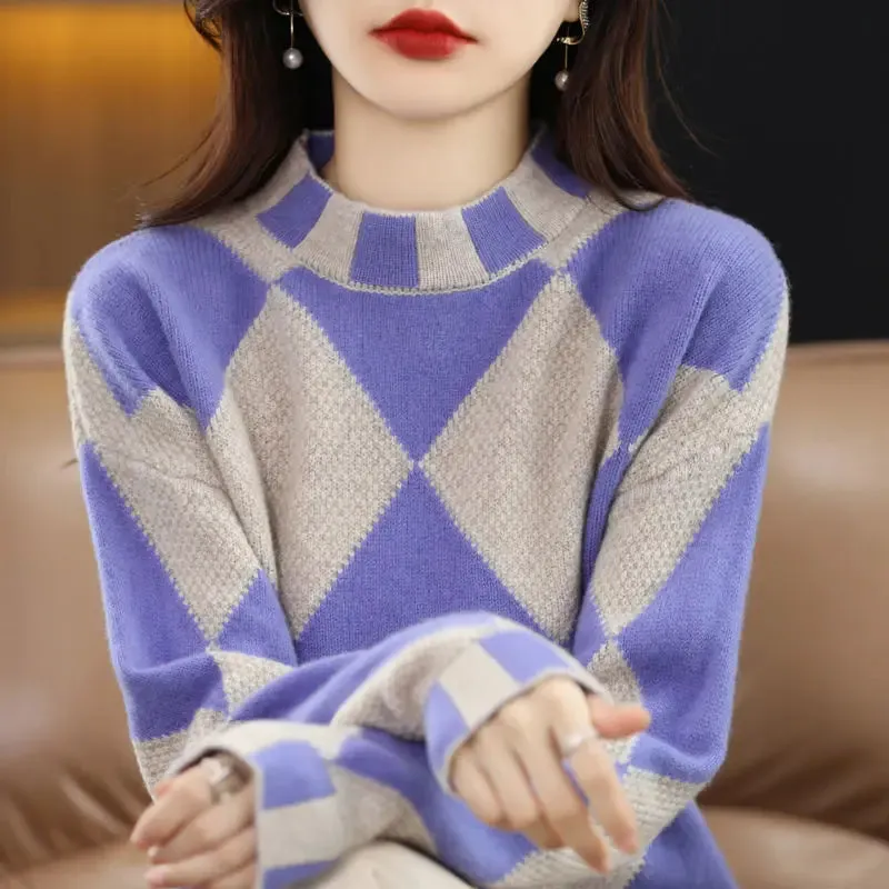 Znbbw 2024 color contrast diamond check sweater women half high neck sweater loose sweater knitting pullover female top - Image 11