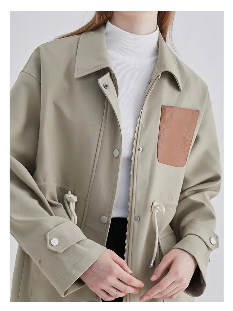 znbbw Women Vintage Patchwork Short Jacket Trendy Turn-down Collar PU Pocket Loose Casual Single Breasted Trend Thin Coat Autumn 2023 - Image 4