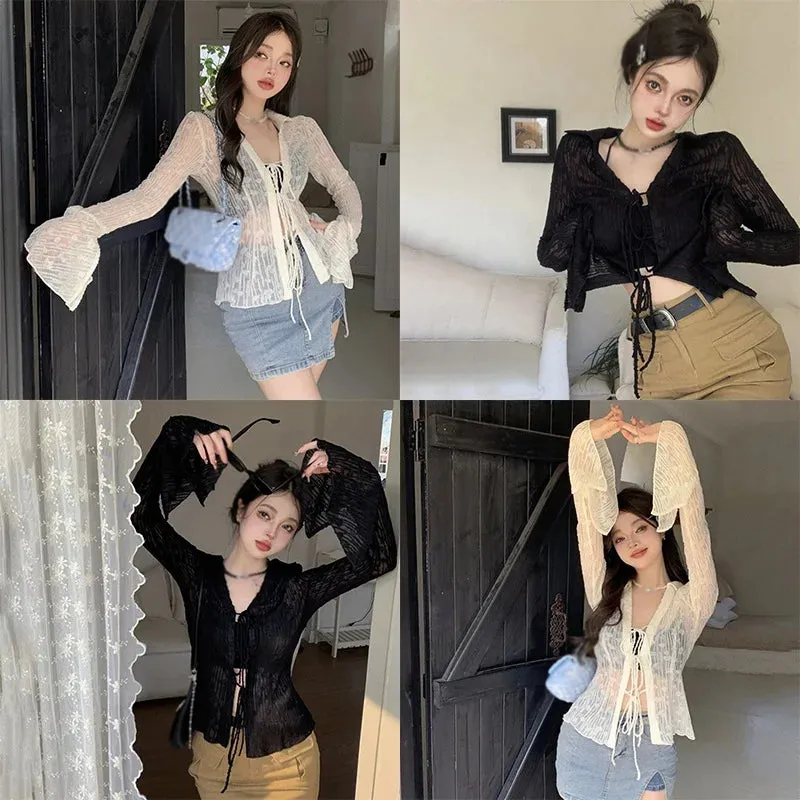 Znbbw Women's top Waist up Slim fitting Women's coat Air-conditioned shirt Sunscreen Cardigan Lace Lace up T-shirt - Image 5