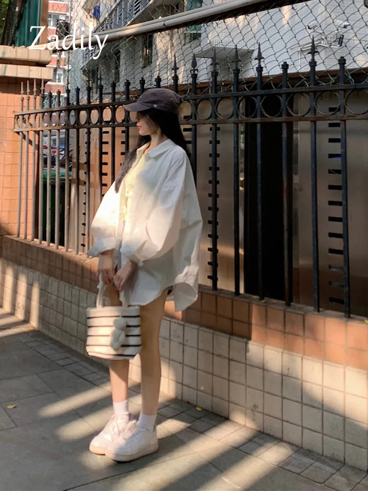 znbbw 2023 Summer Unisex Long Sleeve Oversize Women White Shirt Korea Style Button Up Pocket Woman Blouse Female Clothing Tops - Image 6