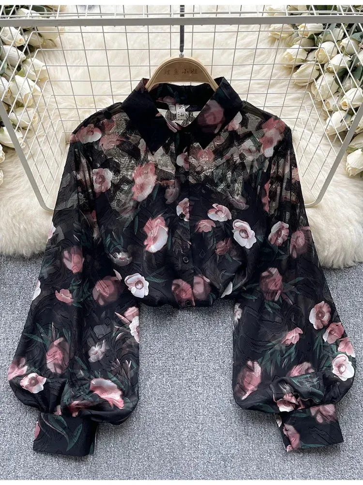 Znbbw Women Spring Shirt Korean Version Temperament High-end Floral Shirt with Bubble Sleeve Design Niche and Unique Top D5053 - Image 8