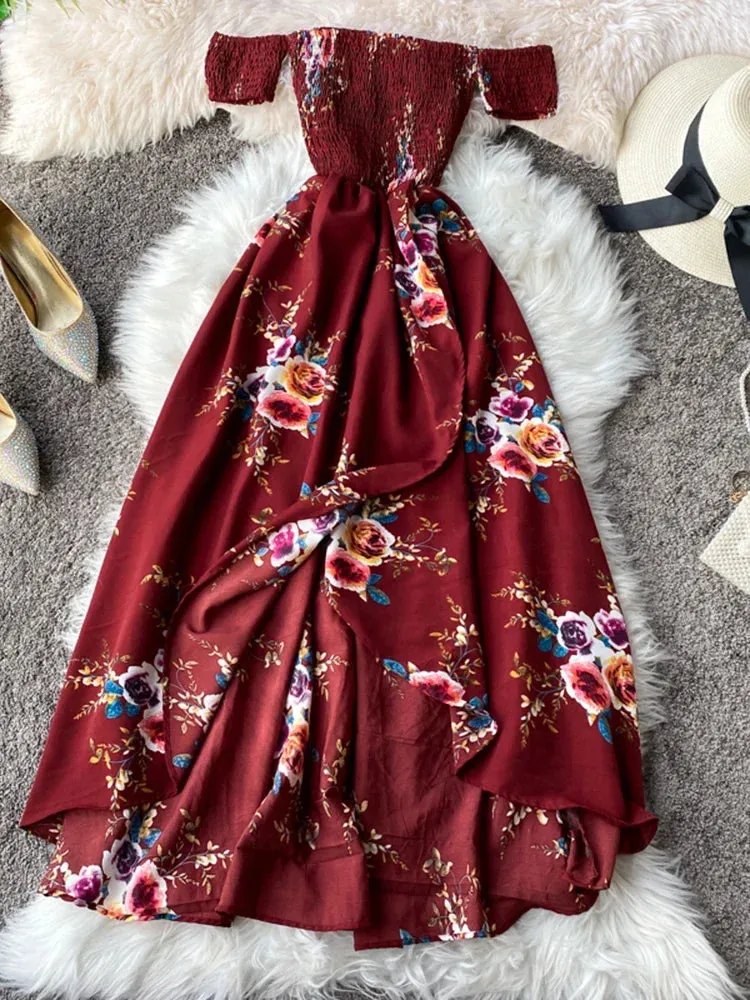 Znbbw Women's Irregular Slit Print Floral Long Dress One-way Neck Strapless Chest Wrap Short Sleeve Dresses LL006 - Image 2