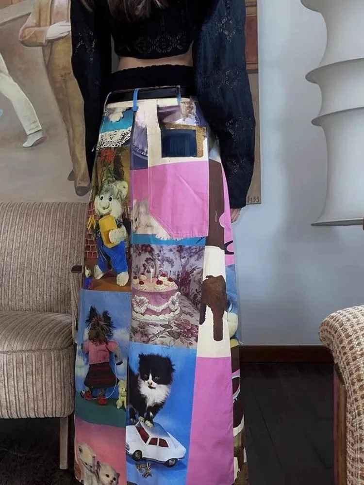 Znbbw Aesthetics Skirts for Women Cartoon Print High Waist Long Skirt Spring Summer Fashion Cute All Match Vintage Clothing - Image 3