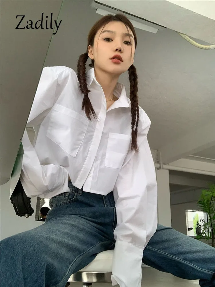 znbbw 2023 Spring Minimalist Long Sleeve Women White Shirt Y2K Shoulder Pad Button Loose Woman Crop Top Blouse Female Clothing - Image 3