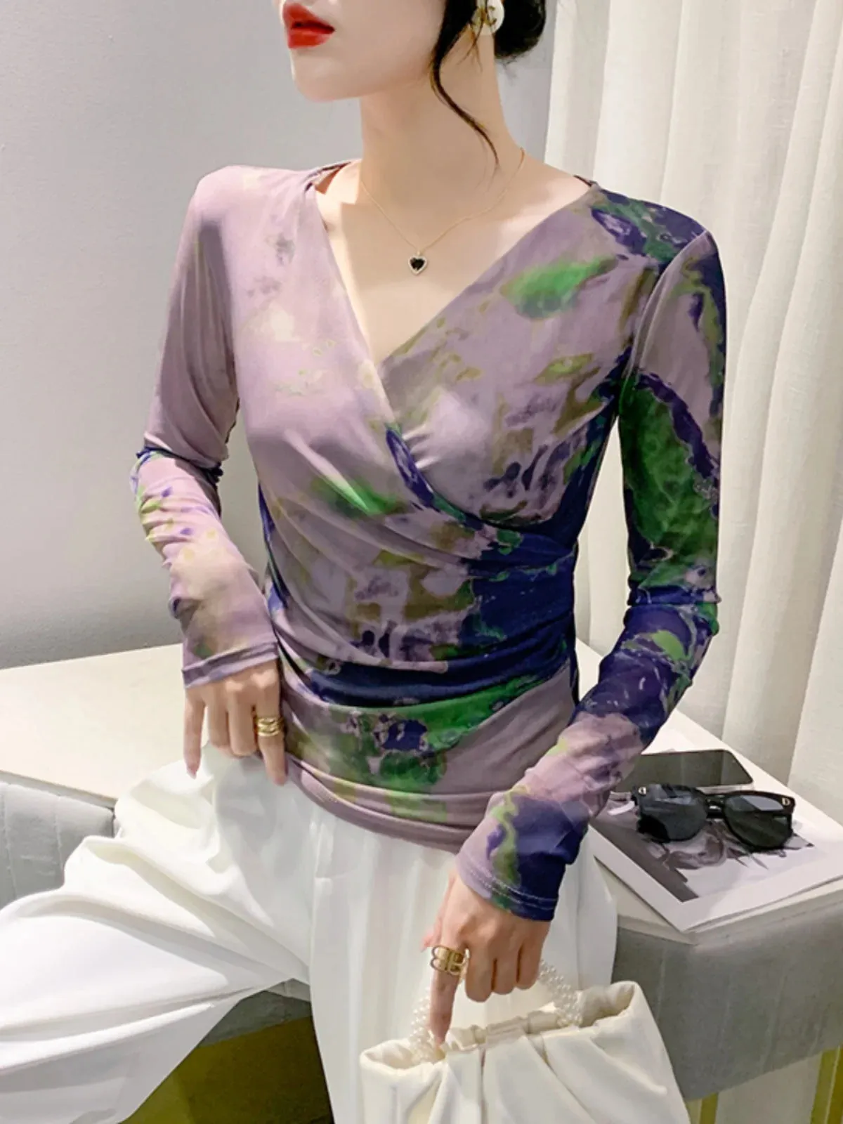 Znbbw Wrinkled Cross V-Neck T-shirt Women Fashion Long Sleeve Mesh Printing Slim Fit High Stretch Tees Tops FF0890 - Image 2