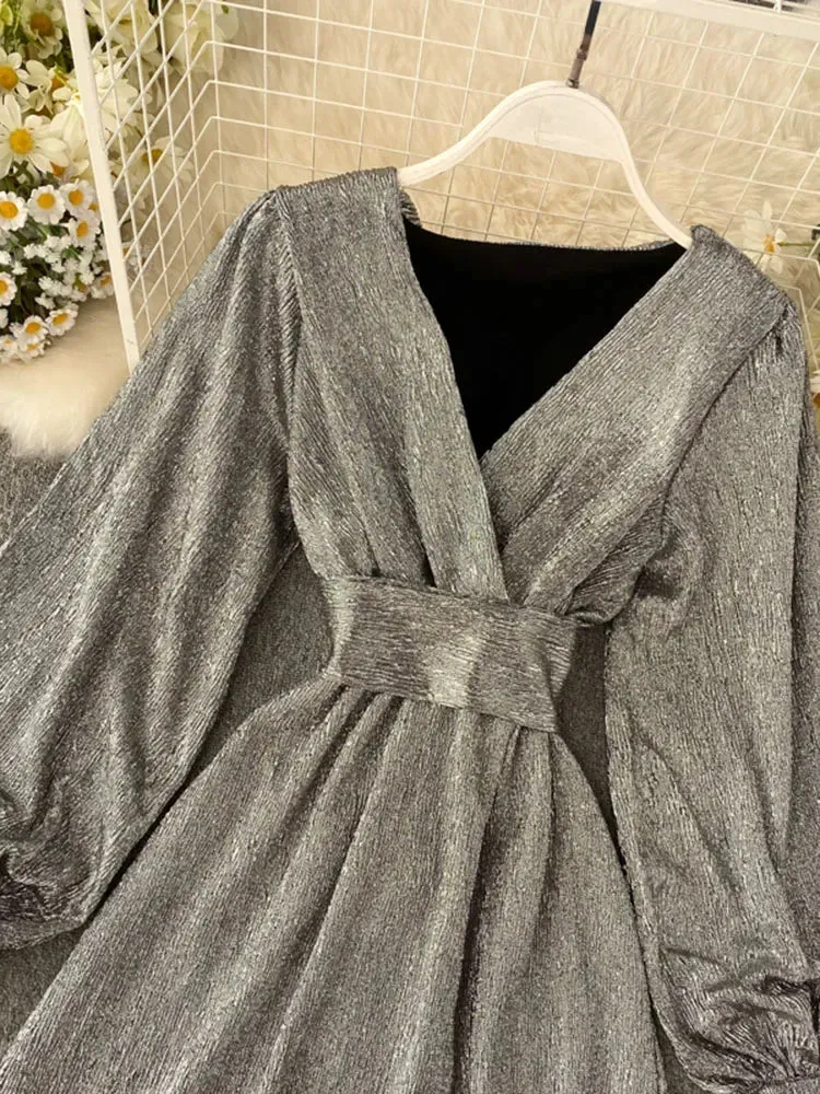 Znbbw Autumn Women's Bright Color Dress V-neck Lantern Sleeve Gold Bright Silk Lace Retro Dress Female Sexy Party Dress GD205 - Image 5