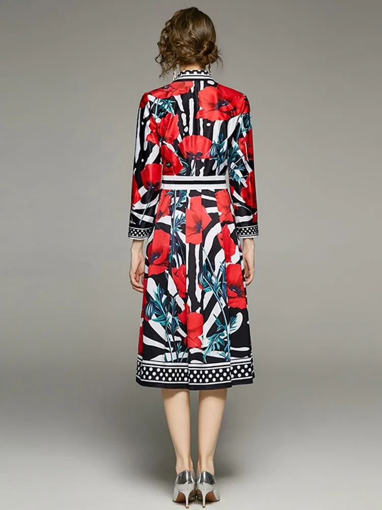 Znbbw Autumn Fashion Runway Shirt Dress Women's Long Sleeve Lapel Elegant Stripe Red Flower Print OL Midi Dress with Belt - Image 2