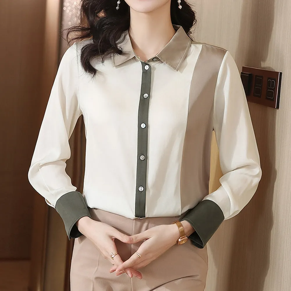 Znbbw Women Shirts and Blouses 2023 Long Sleeve Casual Turn-down Collar OL Style Women Satin Blouses Female Simplicity Tops - Image 3