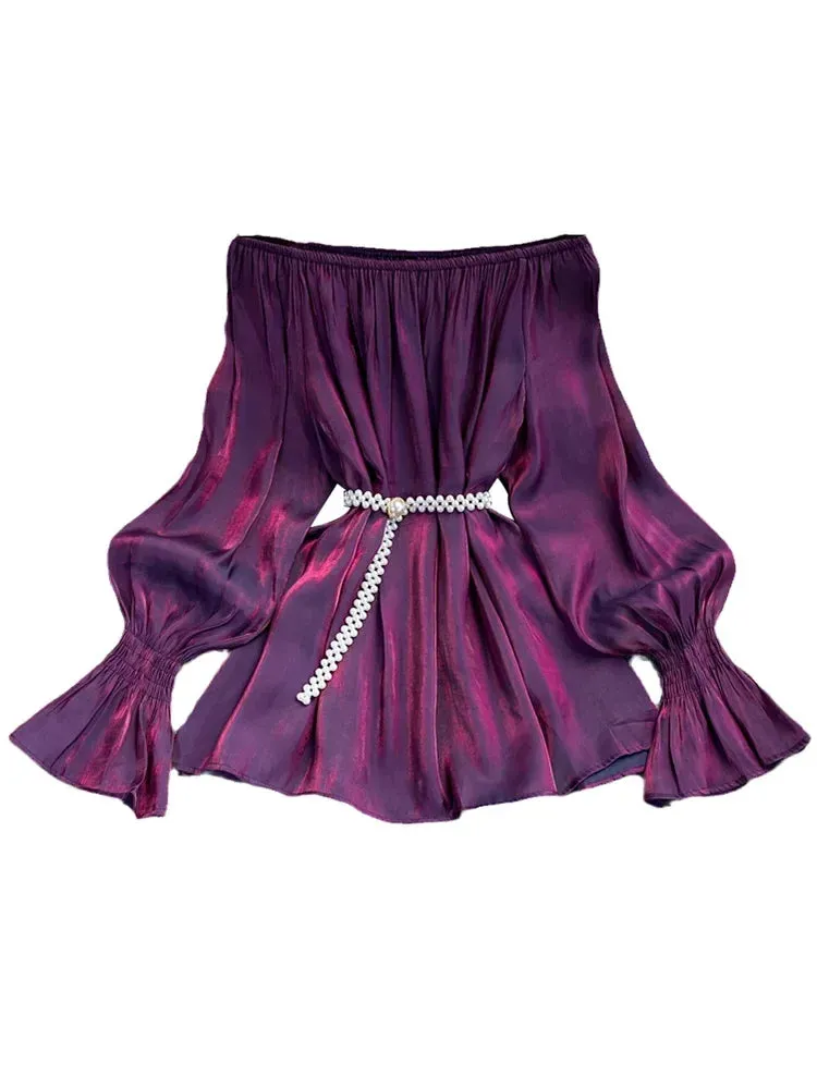 Znbbw Autumn Women's Mid-length Chiffon Blouse with Waistline Neckline Flared Sleeve Shirt Women GD610 - Image 6