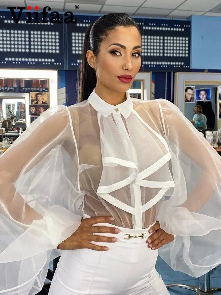 Znbbw Sexy See Through White Button Up Shirts Ruffle Bodysuit Blouses for Women Fashion 2023 Streetwear Puff Sleeve Tops - Image 2