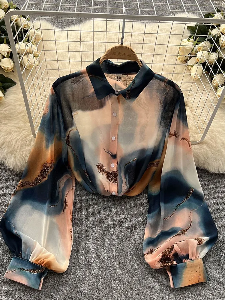 Znbbw Autumn Women's Korean Loose Versatile Long Sleeve Shirt Top New Lantern Sleeve Print Temperament POLO Collar Shirt G18 - Image 3