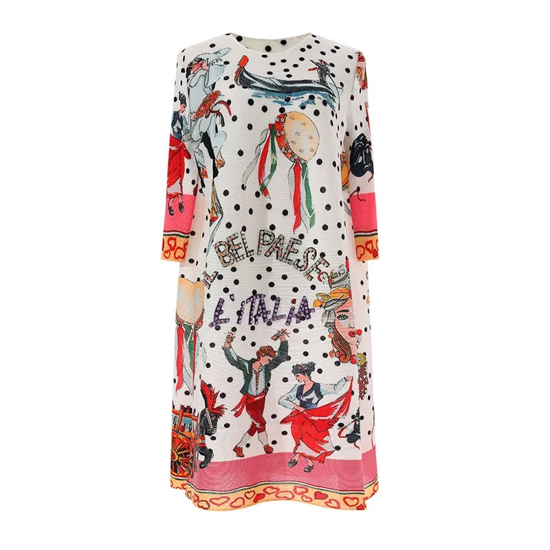 Znbbw Women Pleated Dress High Quality Stretchy Pollvers O-Neck Half Sleeve Colorblock Dot Print Beaded Diamond Casual Dress - Image 2